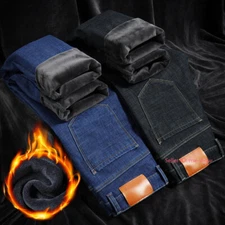 Mens Winter Thermal Jeans Fleece Lined Denim Pant Thick Stretch Straight Trouser