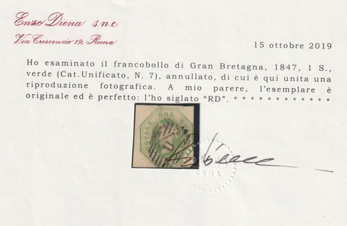 Gran Bretagna 1847 Effigie Regina Vittoria 1 S verde n 7 Certificato Diena Usato - Foto 4 di 4