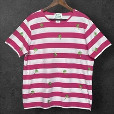 The Quacker Factory Palm Tree T-Shirt Striped Rhinestone Accents 1X Embroidered
