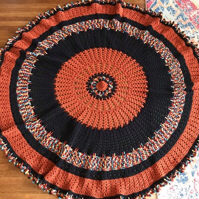 vtg Crochet round throw blanket 55” hippie boho mandala rainbow rust