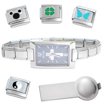 Cross Italian Charm Watch Bracelet Plus Charm Tool & Enamel Charms