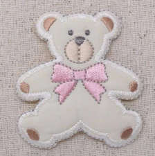 Teddy Bear - Pink Bow - Puffy/Tan - Iron on Applique/Embroidered Patch