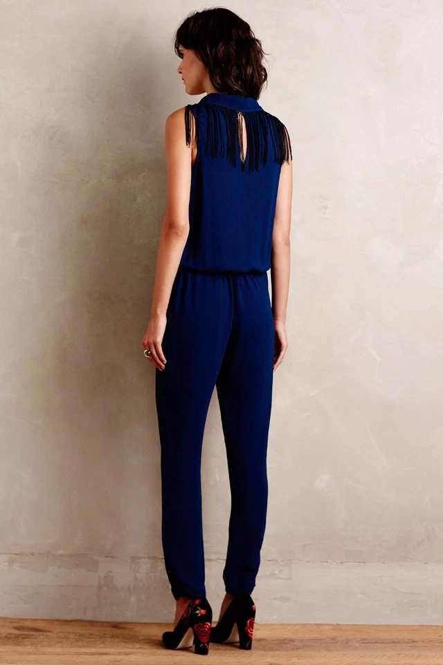 TWELFTH ST CYNTHIA VINCENT Blue Marine Scarf Fringe Jumpsuit Size P NWT $345 - Image 2 of 4