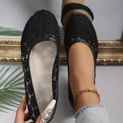 Women's Floral Lace Patttern Ballets, Slip On Soft Sole Breathable Comfy Flats,