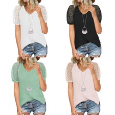 T-shirt Top V-neck Spring and Summer Lace Stitching Women's Shirt Short Sleeve