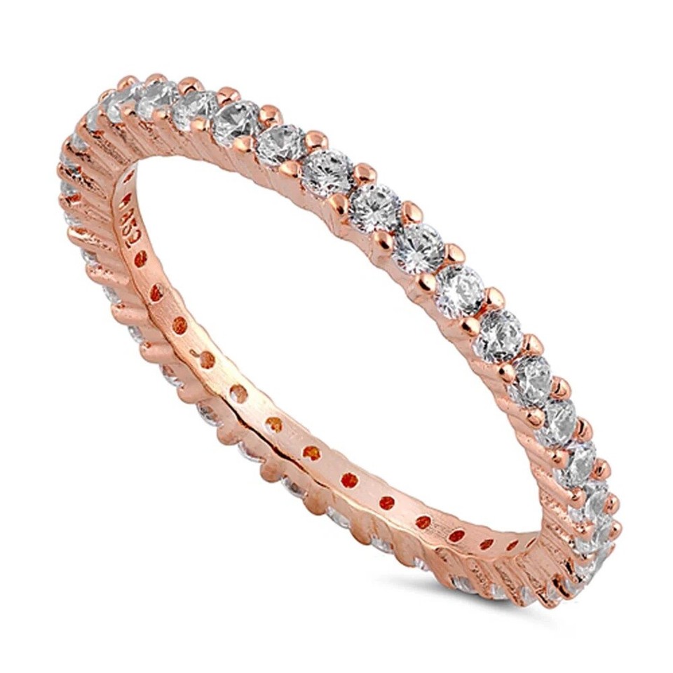 2.5mm Round CZ Rose Gold Plated Stack Wedding Eternity Band Ring 925