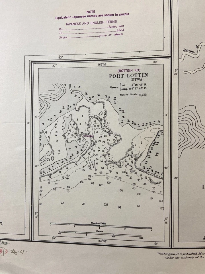 Hydrographic Chart Caroline Islands Kusaie or Ualan Island N. Pacific Ocean WW2 - Image 4 of 4