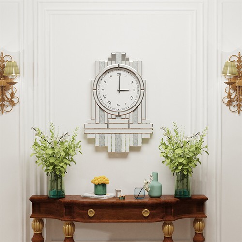 Large Silver Irregular Mirror Wall Clock Sparkle Bling Crushed Diamond Mirrored - Picture 4 of 12