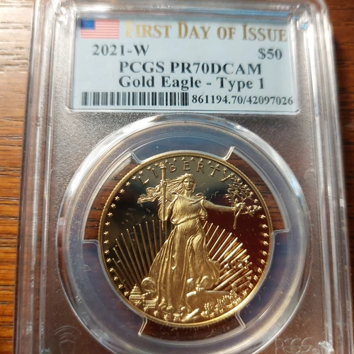 2021-W (Type 1) $50 1oz Gold Eagle Proof - Flag & FDOI Label - PCGS PR70 DCAM