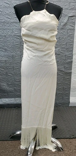 OFF WHITE Abito smanicato nuovo MANGO scollo a V orlo frange bianco sporco taglia 6