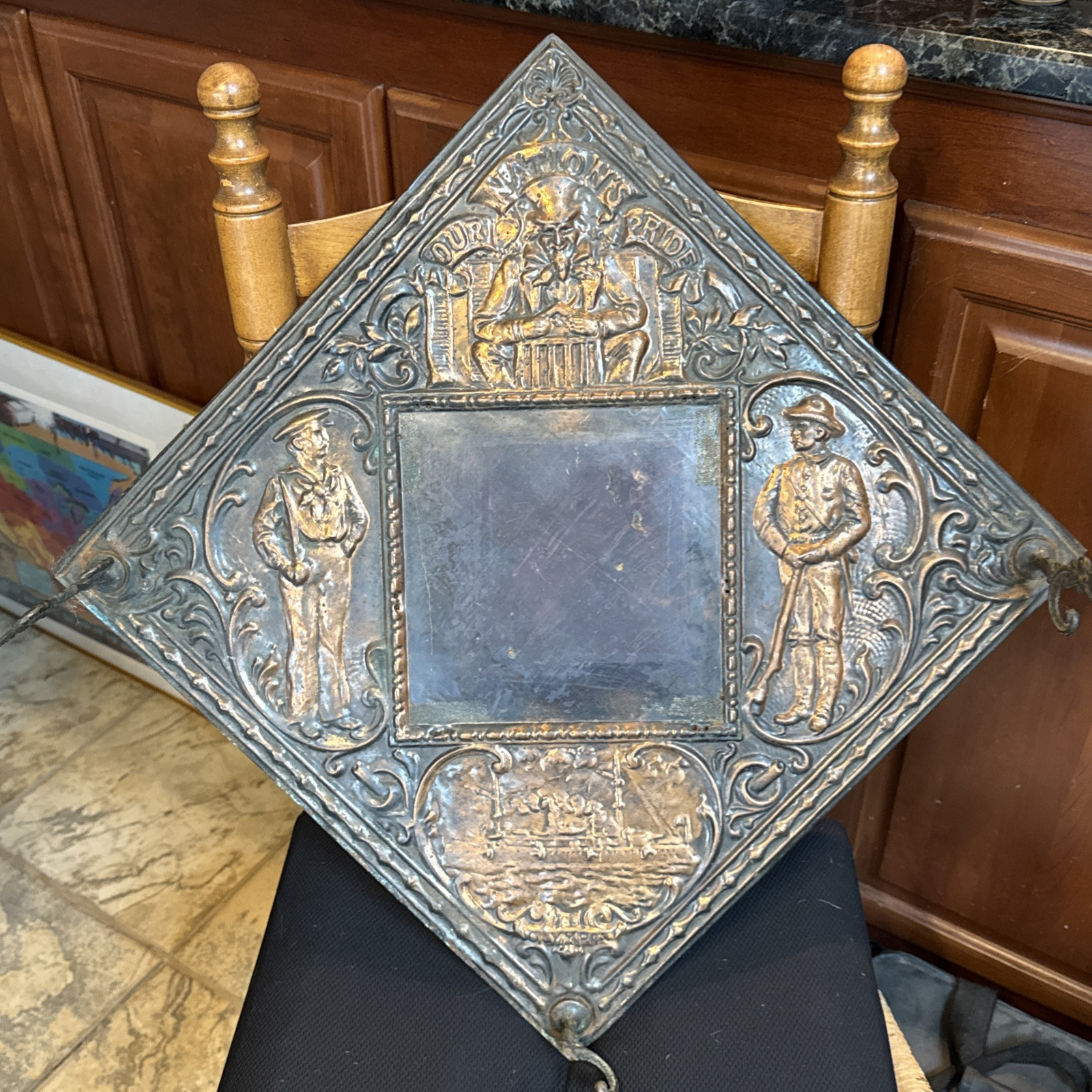 1890s Antique USS OLYMPIA Our Nations Pride Hammered Copper On Wood Mirror RARE