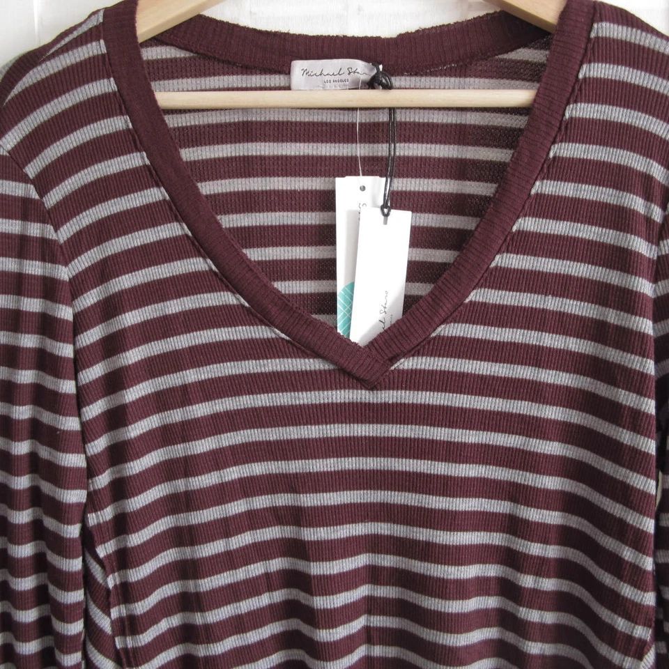 Top para mujer Michael Stars mediano rojo a rayas térmico manga larga castaño rojizo nuevo con etiquetas Foto 2 de 4