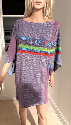 Hale Bob Purple Multi Geometric Knit Shift Dress Boat Neck 3/4 Sleeve Size M