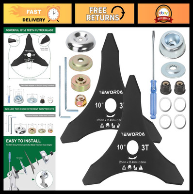 10'' 3 Teeth Brush Cutter Blades - Carbon Steel Trimmer Replacement Set with Adap
