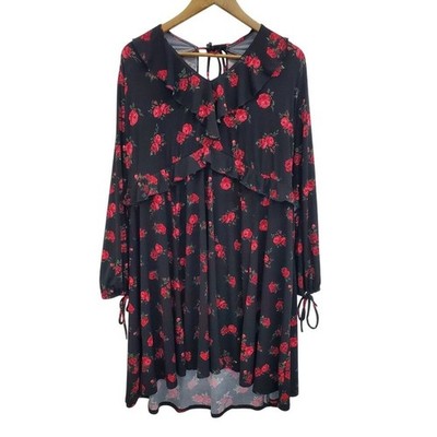Torrid Rose Print Black Ruffle Babydoll Dress Long Sleeve Tie Back Womens Size 3