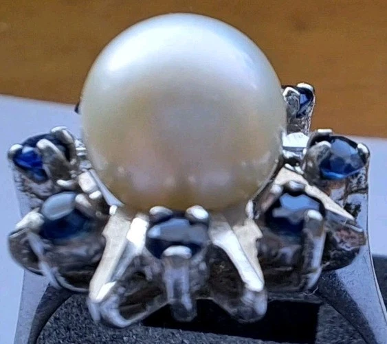 Damenring - massivem Gold 14 K - Perle + 8  Saphir Edelsteine 0,4 Ct. - Bild 3 von 4