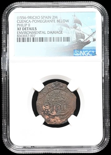 COLONIAL ERA SPAIN. Philip II, 1556-1598. Copper 2 Maravedis, NGC XF Details