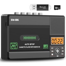 Small Cassette Tape Player, USB C or SD Card Audio Cassette to MP3 Black