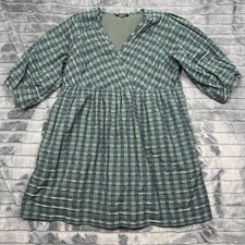 Madewell Green Plaid Metallic Stripe V-Neck Babydoll Mini Dress Large L 10155