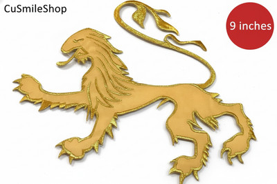 Gold Heraldic Lion Embroidered Patch Iron On Regal Emblem Coat of Arms 9 Inch