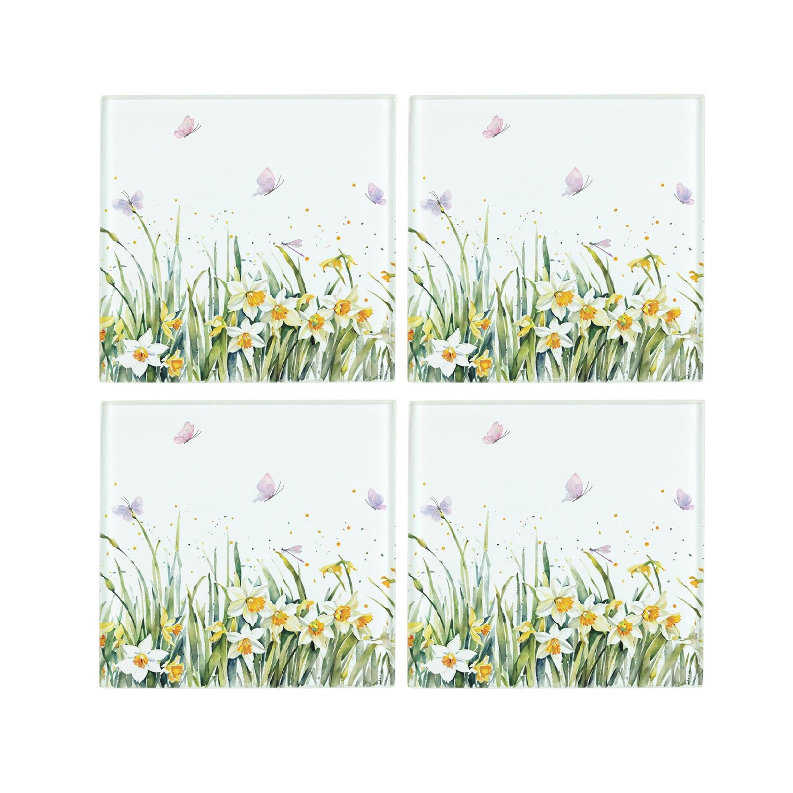 Spring Time Daffodils Glass Coasters Set - Yellow Flowers Set of 4 Gift