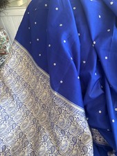 Royal blue and cream color Bomkai sari with fall & pico it has tiny hole & spots