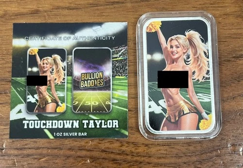 Bullion Baddies Touchdown Taylor- Naughty 1 Oz .999 Silver Bar