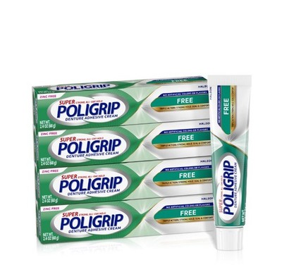 Super Poligrip Zinc Free Denture & Partials Adhesive Cream, 2.4 ounce Pack of 4