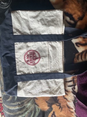 Trader Joe's Large Canvas Tote Bag Beige Navy Blue Foldable Shopping Grocery