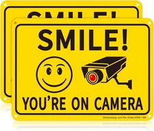 2-Pack Smile You’re on Camera Sign, Video Surveillance Signs Outdoor, UV Printed