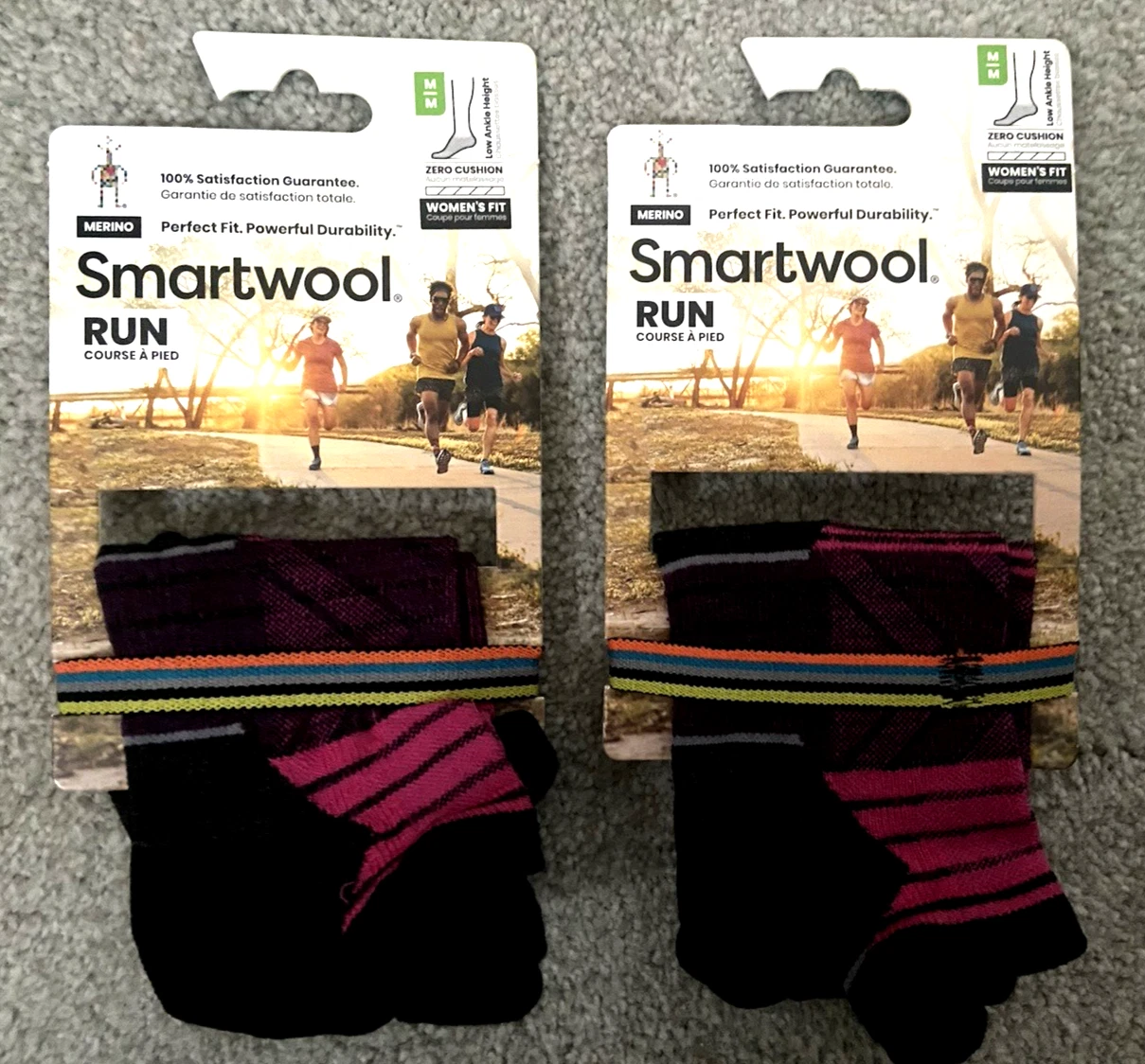 Lot of 2 pairs SmartWool Run Low Ankle Stripe Socks Zero Cushion Merino Wool M