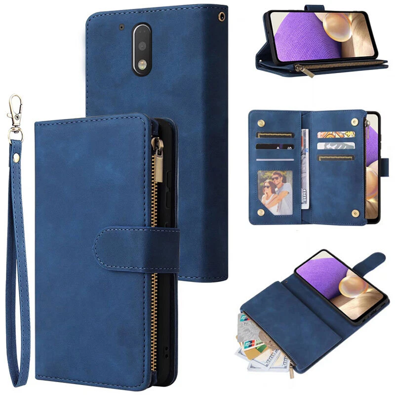 Estuche tipo billetera con cremallera y bolsillo abatible para tarjeta correa de muñeca soporte para Moto G4 G4 Plus Foto 4 de 4