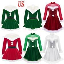 Kids Christma Santa Elf Costume Mesh Velvet Tutu Dress Skating Ballet Leotard