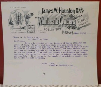 1905 James W Houston & Co Wholesale Grocers Flour & Seeds Letter Beautiful 