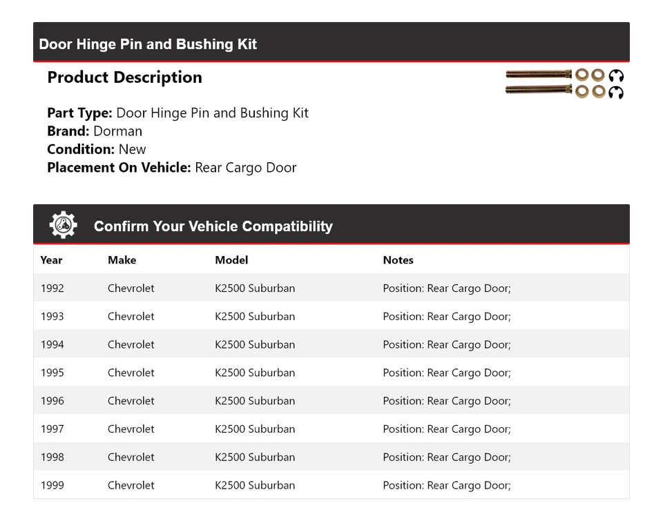 For 1992-1999 Chevrolet K2500 Suburban Dorman Door Hinge Pin and Bushing Kit - Image 2 of 4