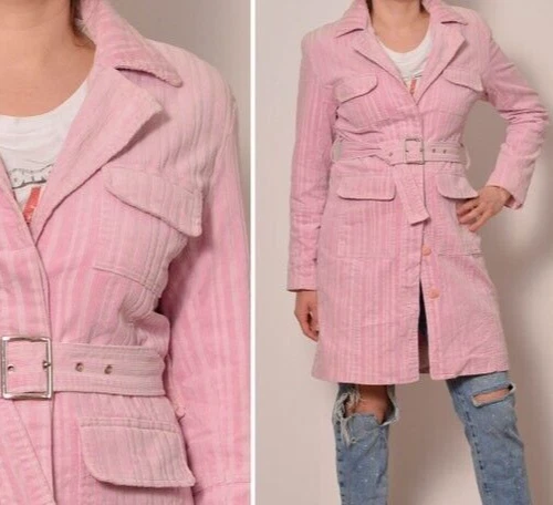 Pink Corduroy Trench Coat Belted Waist Flap Pockets Coat Hidden Buttons Cute