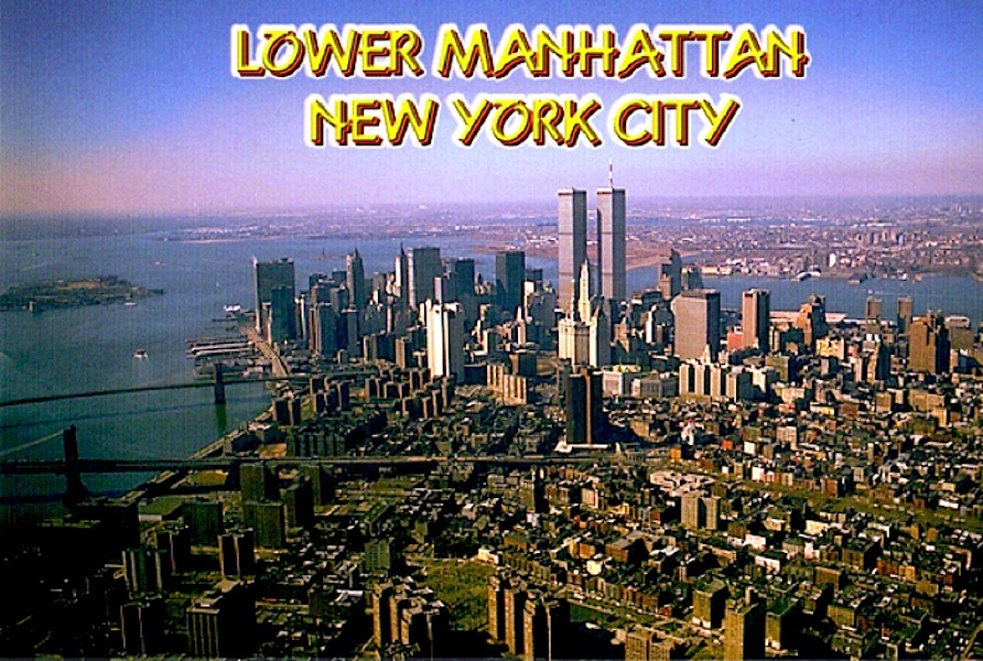 World Trade Center Pre 9/11 Postcard Twin Towers Lower NY Aerial