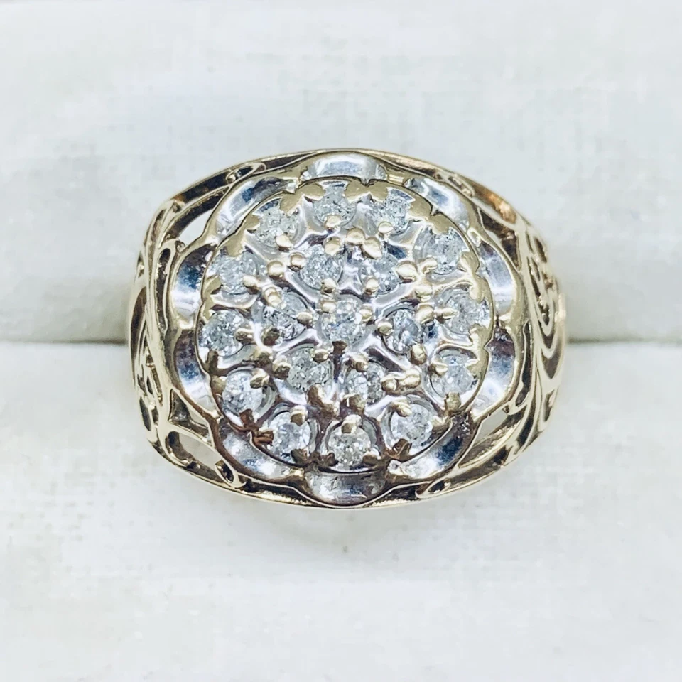 0.10 Ct 10k Yellow Gold Diamond Cluster Flower Filigree Engagement Ring Size 7.5 - Image 2 of 4