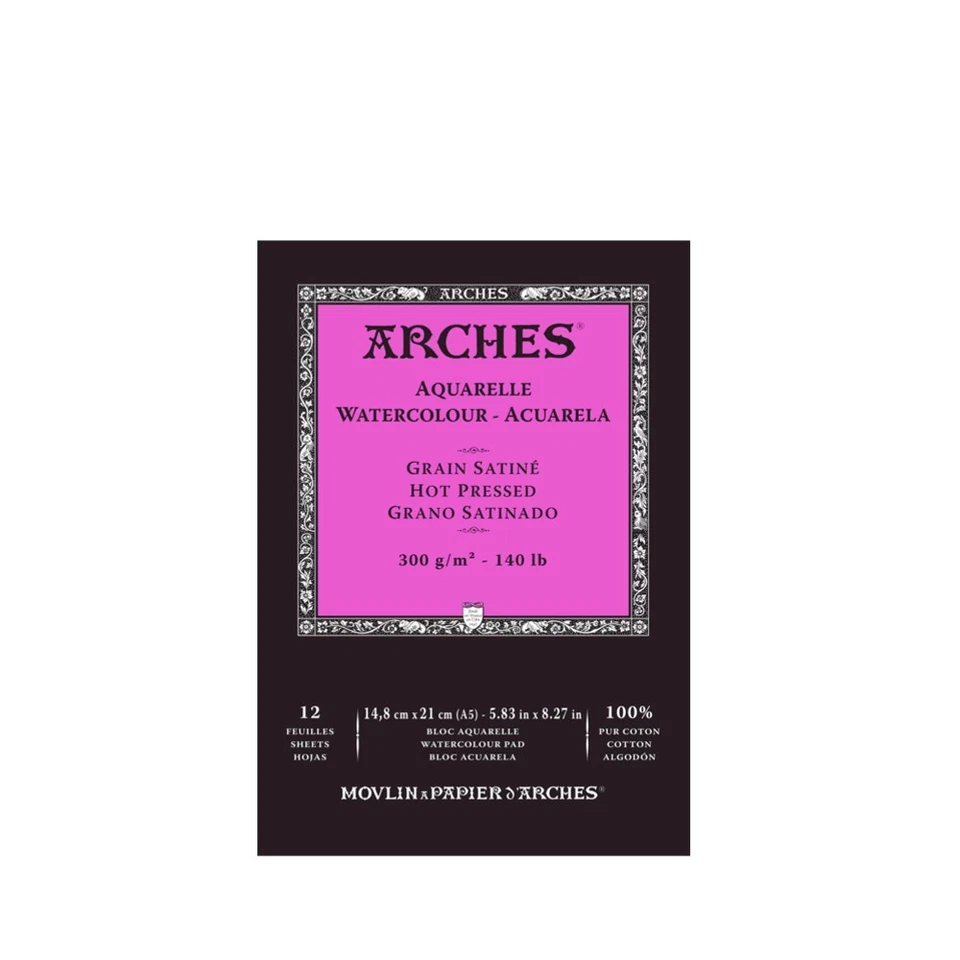 ARCHES Watercolour Paper Pad 100% Cotton Hot Pressed 300gsm A5 / A4 / A3 12pk