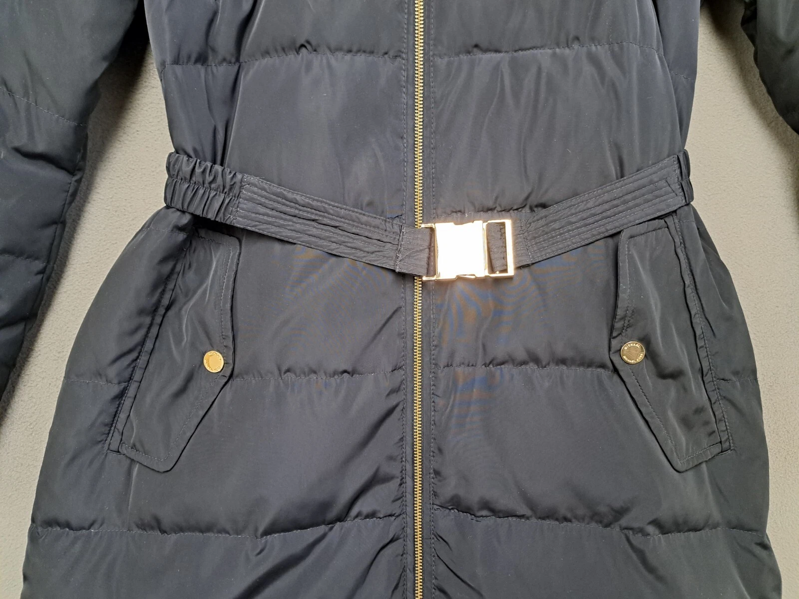 MICHAEL KORS Donna Finiture in Pelliccia Finta Cappuccio Tampone Cappotto Cintura Parka Piccolo Nero