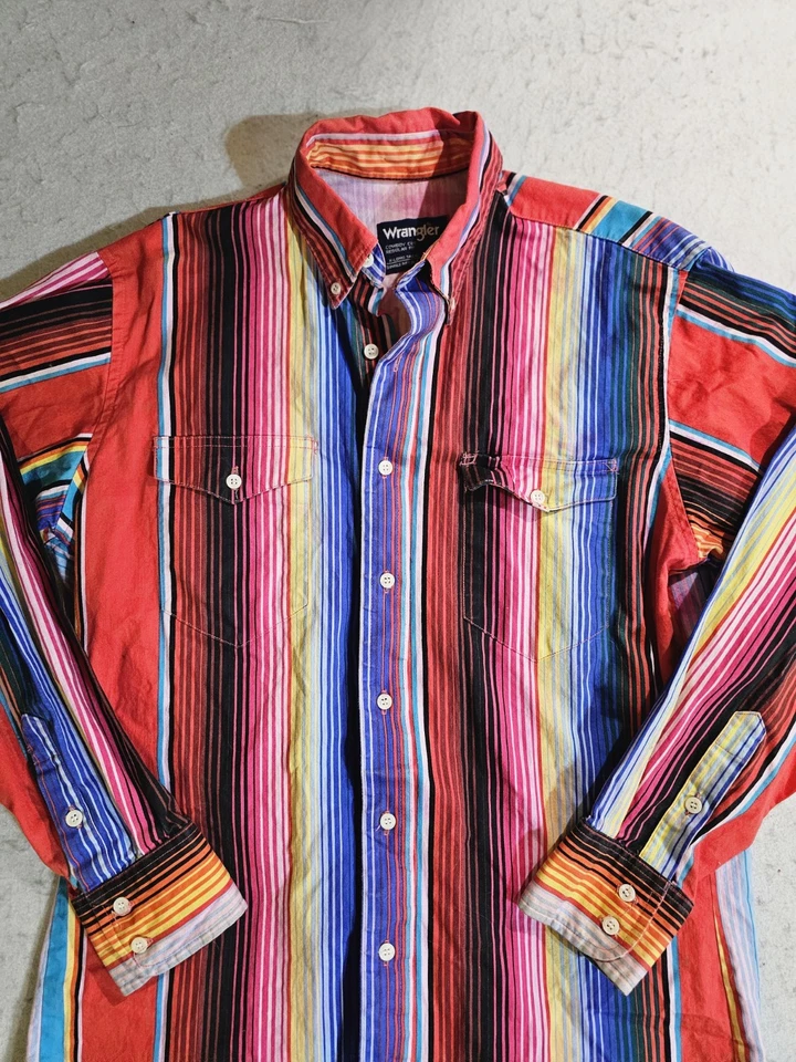 Vintage Wrangler Striped X-Long Tails Cowboy Cut Western Brushpopper Sz 15.5/33  - Image 2 of 4