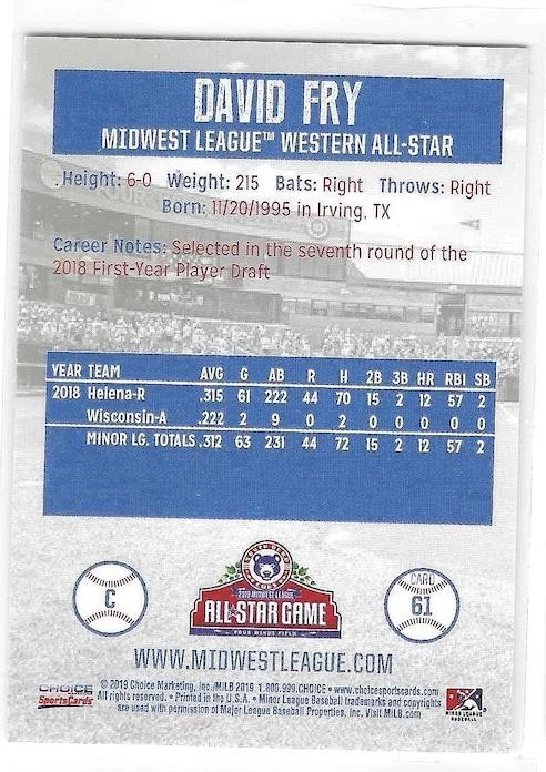 David Fry 2019 Choice Midwest League All-Stars #61 Wisconsin Timber Rattlers - Image 2 of 2