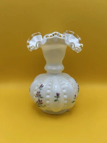 Fenton Hand Painted Violets in the Snow Silver (Clear) Crested Ruffle Melon Vase