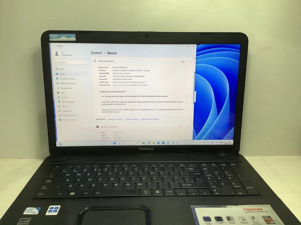 17.3”Toshiba Satellite C870-11G,INTEL@2.20GHz,8GB RAM,128GB SSD,WIN 11 PRO (241) - Image 4 of 4
