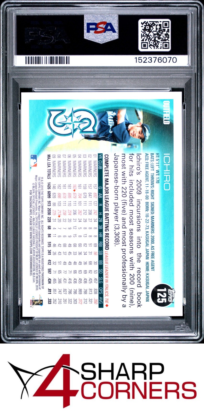 2010 TOPPS #125 ICHIRO SUZUKI MARINERS HOF PSA 10 view 2
