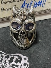 Bill Wall Leder S925 18K Overlay Kreuz Dämon Meister Totenkopf Ring Stein...