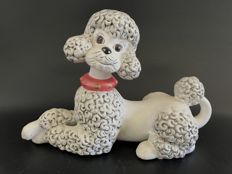 VTG French Poodle Dog Mid Century CERAMIC Atlantic Mold White/Grey 11" Ex Cond