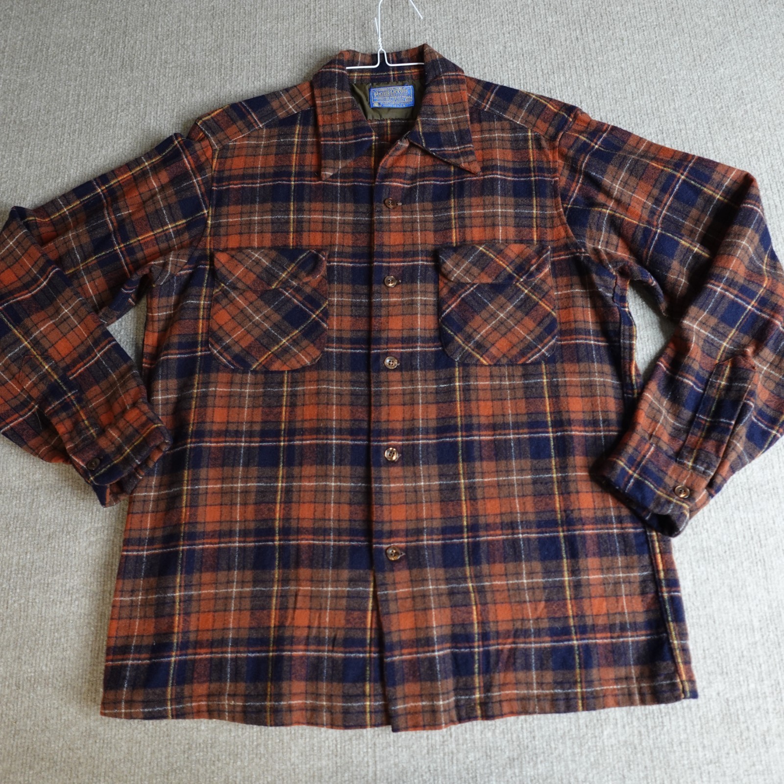 Vintage Pendleton Board Shirt Small Brown Blue Loop Collar 100% Wool