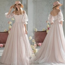 Half Sleeve Wedding Dresses Off The Shoulder Dot Tulle Sweep Train Bride Dress