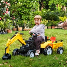 Pedal Digger Construction Car w/ 6 Wheels  Detachable Trailer, Yellow